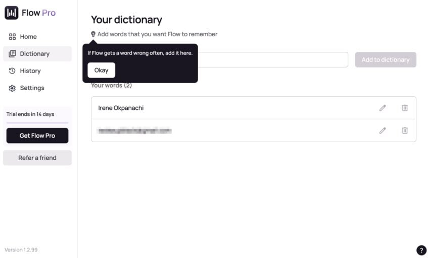Menu Kamus dengan opsi untuk menambahkan kata -kata baru di aplikasi WISPR Flow
