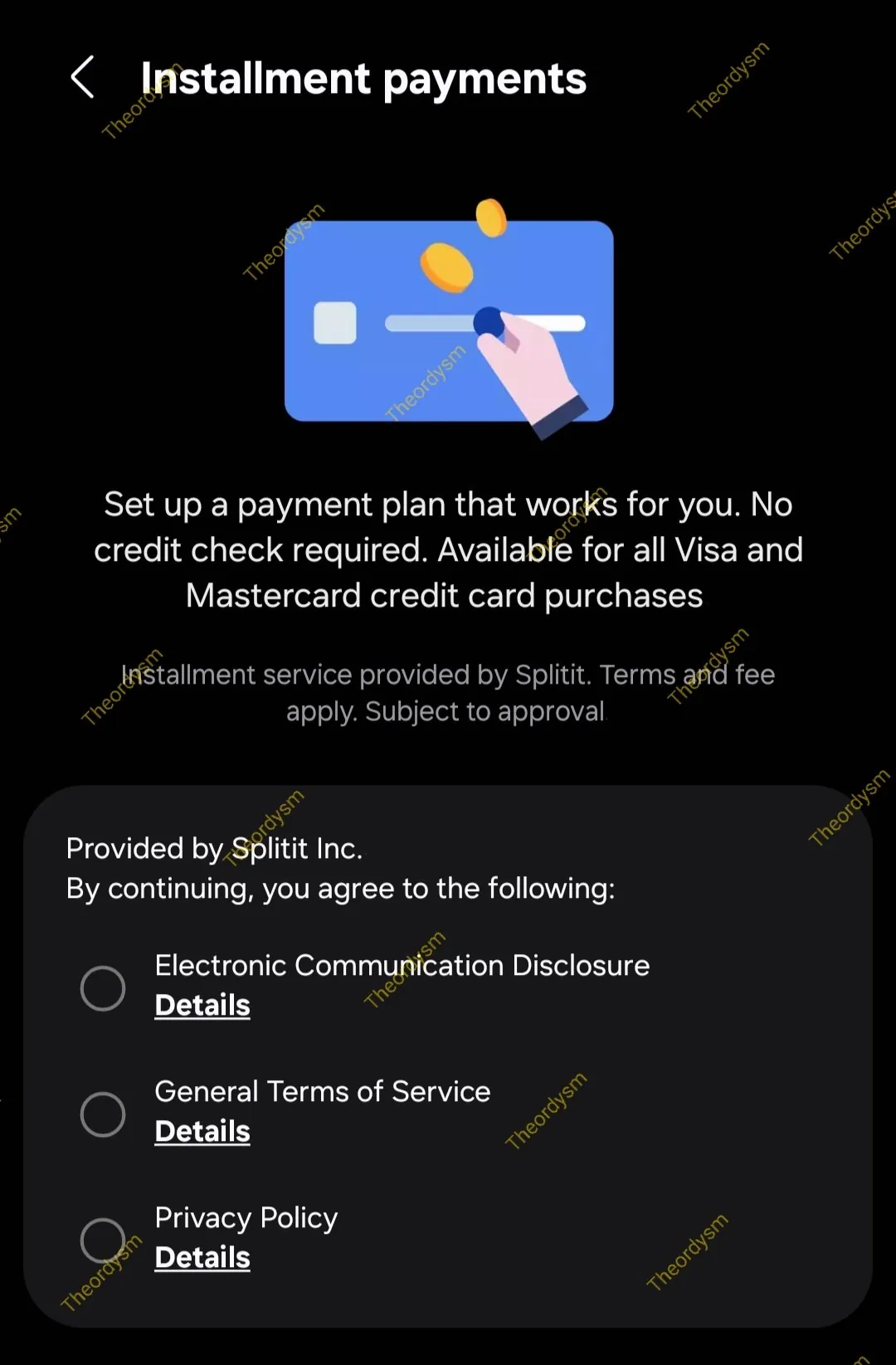 Menu pembayaran angsuran dompet samsung menunjukkan syarat dan ketentuan